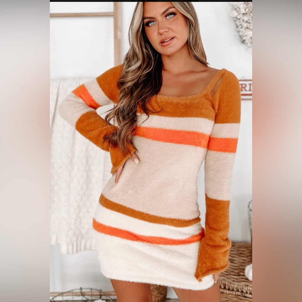Spirit of Fall Striped Fuzzy Knit Mini Dress-Brown Multi
